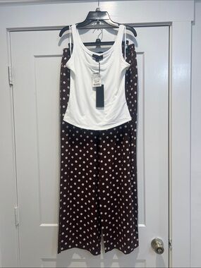 Brit The Label polka Dot Wide-Leg linen blend Pants with off White Tank size M.